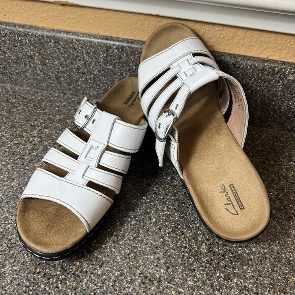 Clarks Collection Sandal Casual White Leather Slip On Open Toe Wedge Womens 9.5M - Picture 2 of 10